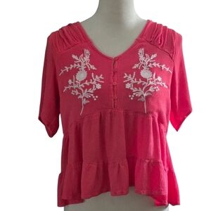 Forgotten Grace Women's XL Pink Embroidered Ruffled Crop Top Tie Back Ruching